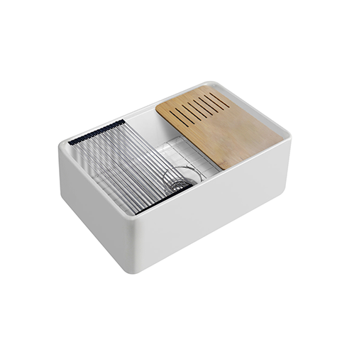 KBFMORE™ 30" Fireclay Single Bowl Workstation Farmhouse Kitchen Sink with Bottom Grid, Rolling Grid, and Cutting Board