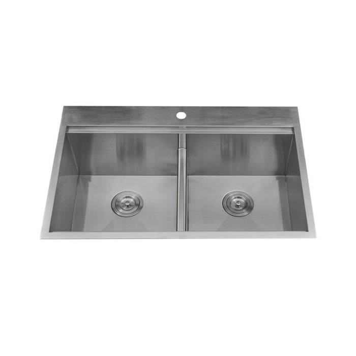 KBFMORE™ 33" Stainless Steel Double Bowl Top Mount Workstation Kitchen Sink with Strainer, Bottom Grid, Rolling Grid, and Colander