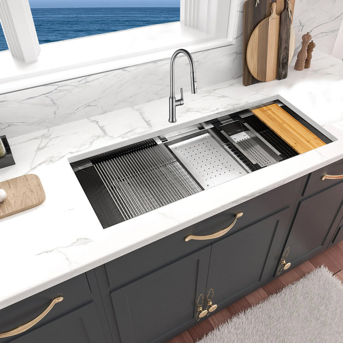 KBFMORE™ 58" Stainless Steel Single Bowl Undermount Workstation Kitchen Sink with Strainer, Bottom Grid, Rolling Grid, Colander, and Cutting Board