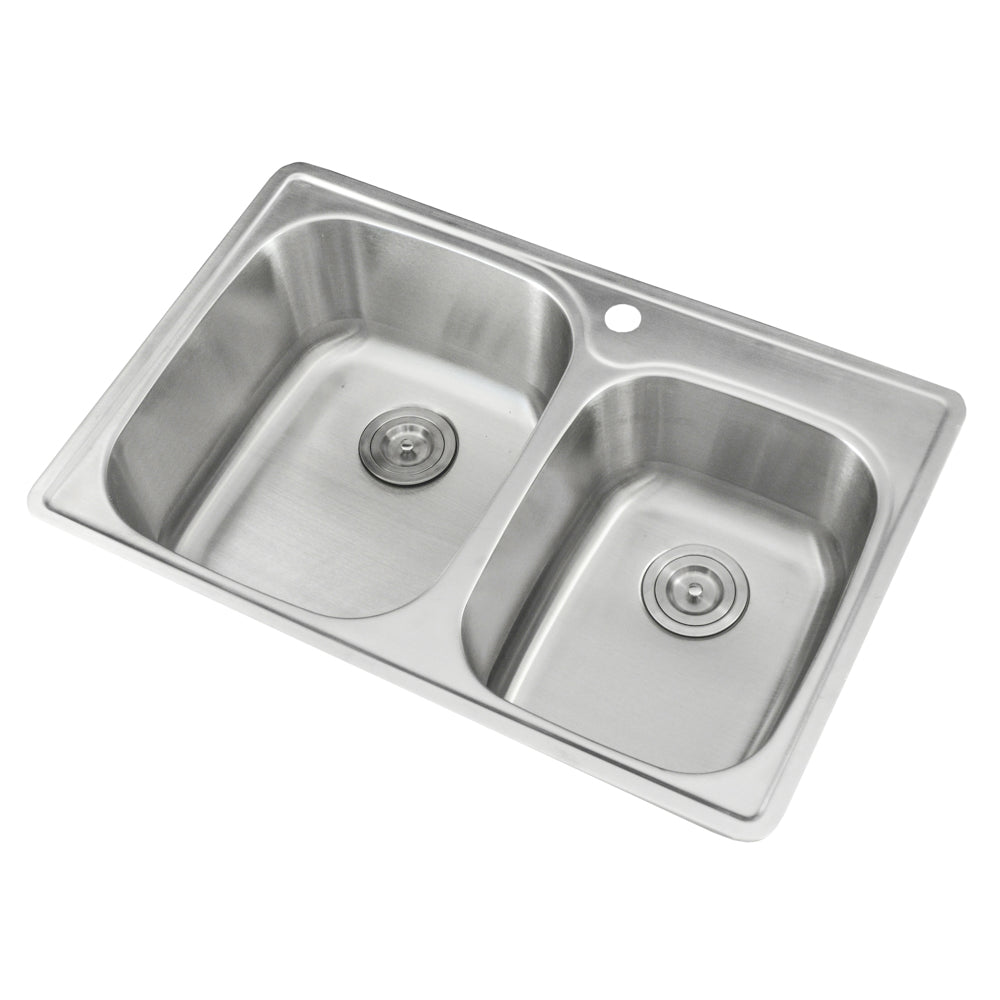 KBFMORE™ 33" Stainless Steel Double Bowl (60/40) Single-Hole Top Mount Kitchen Sink