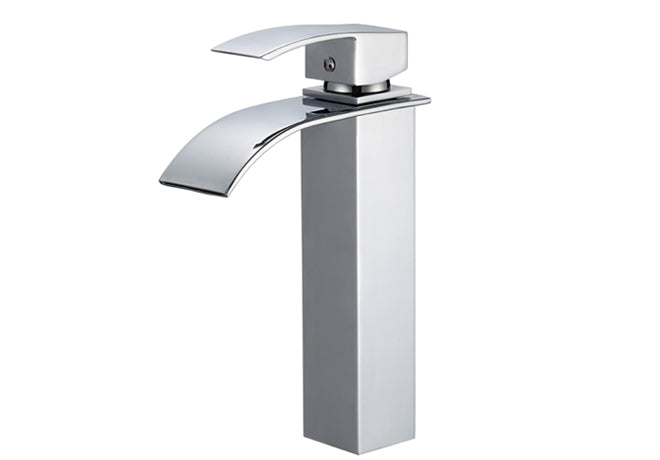 10-1/2 Inch Square Waterfall Spout Tall Vessel Sink Single Handle Bathroom Faucet in Polished Chrome, B83SPC