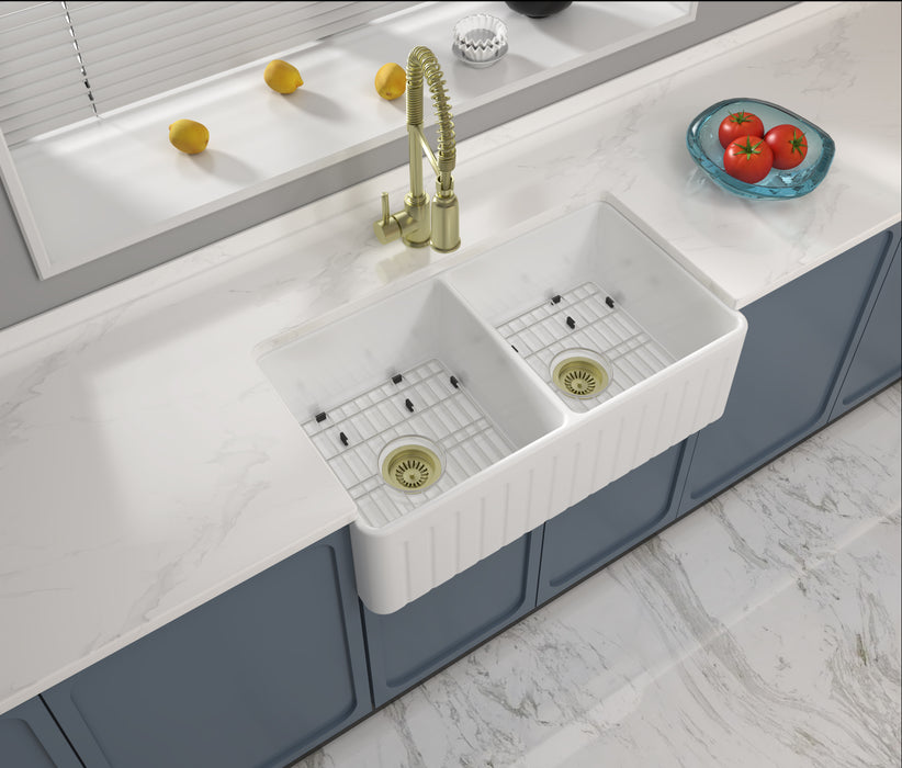 KBFMORE™ 33" Fireclay Double Bowl Farmhouse Kitchen Sink