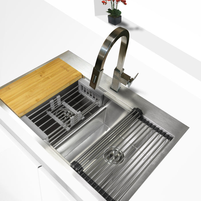 KBFMORE™ 33" Stainless Steel Single Bowl Top Mount Workstation Kitchen Sink with Strainer, Bottom Grid, Rolling Grid, Colander, and Cutting Board