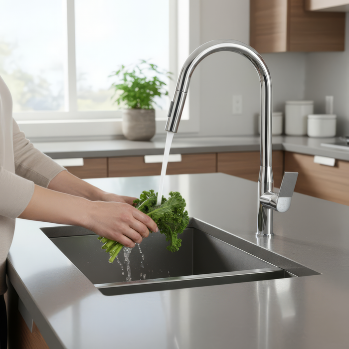 19 Inch Pull Down Dual-Function Spray Single Handle Kitchen Faucet in Stainless Steel, K23SS