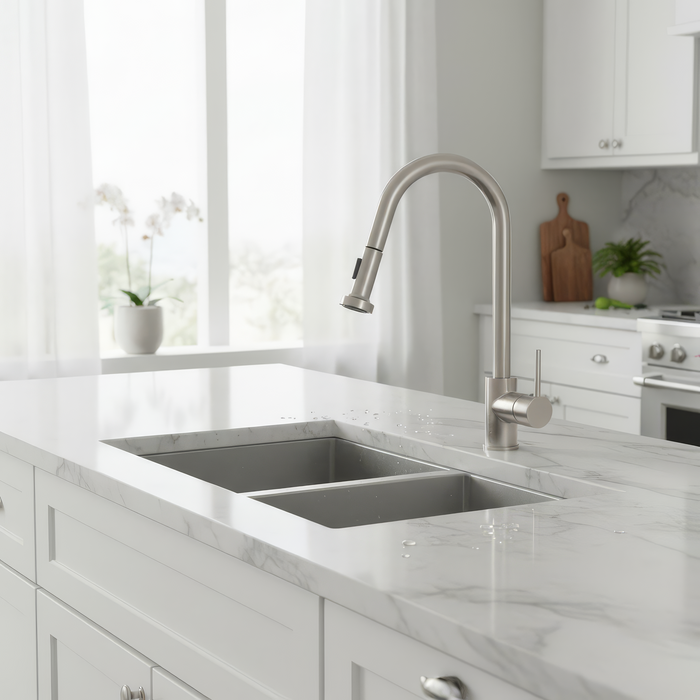 16-1/2 Inch Pull Down Dual-Function Spray Single Handle Kitchen Faucet in Brushed Nickel, K70BN