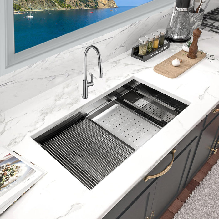 KBFMORE™ 46" Stainless Steel Single Bowl Undermount Workstation Kitchen Sink with Strainer, Bottom Grid, Rolling Grid, Colander, and Cutting Board