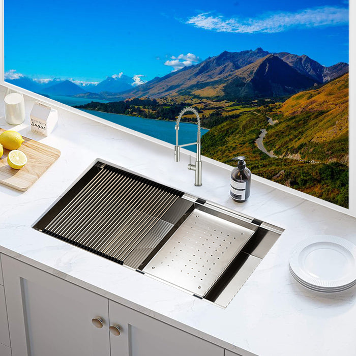 KBFMORE™ 38" Stainless Steel Single Bowl Undermount Workstation Kitchen Sink with Strainer, Bottom Grid, Rolling Grid, and Colander