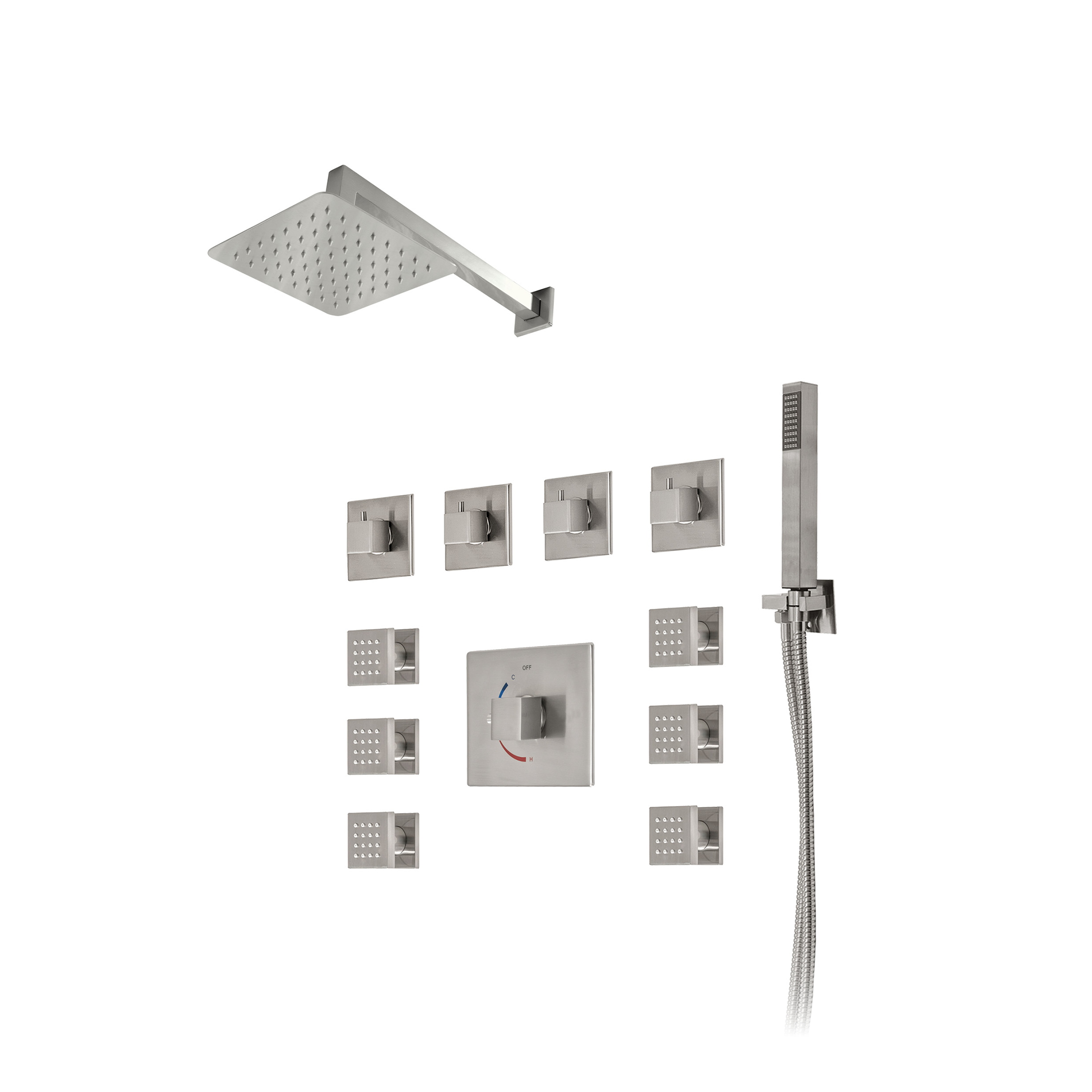 KBFMORE™ Thermostatic & Pressure Balance Shower Kit with Square Shower Head, Square Modern Valve, Square Shower Hand Spray Set, and Square Massage Body Jets