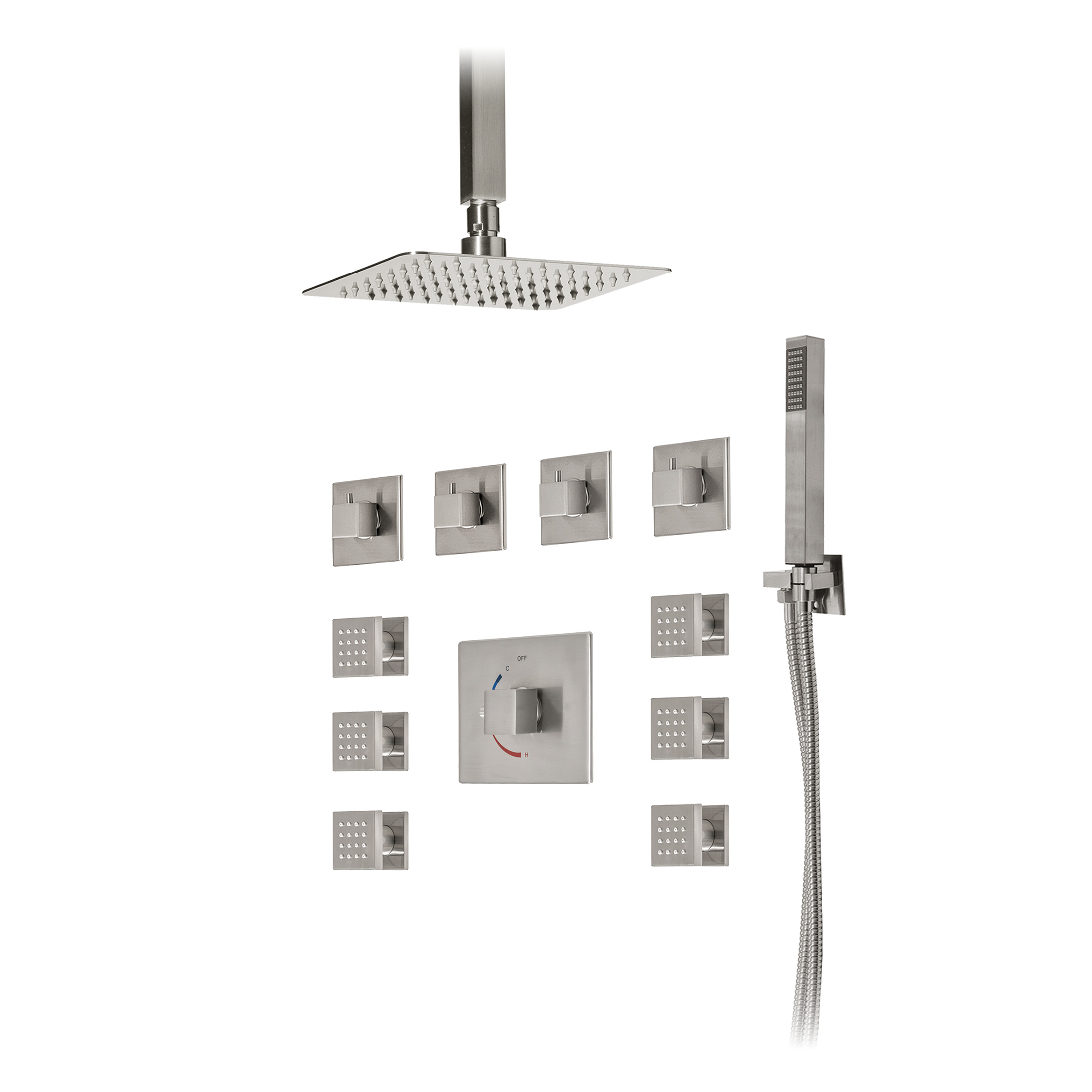 KBFMORE™ Thermostatic & Pressure Balance Shower Kit with Square Waterfall Shower Head, Square Modern Valve, Square Shower Hand Spray Set, and Square Massage Body Jets