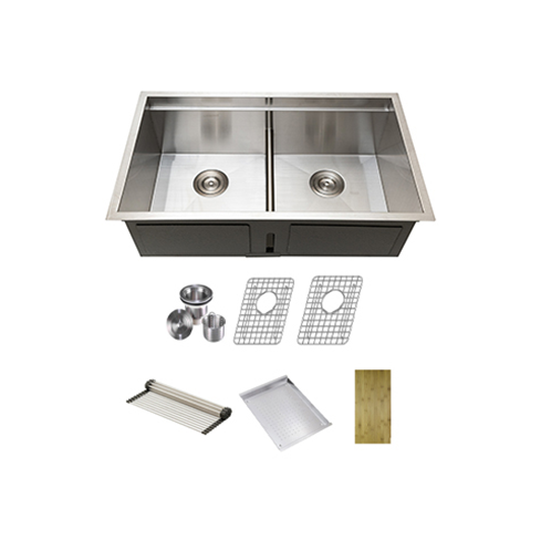 KBFMORE™ 32" Stainless Steel Double Bowl Undermount Workstation Kitchen Sink with Strainer, Bottom Grid, Rolling Grid, Colander, and Cutting Board