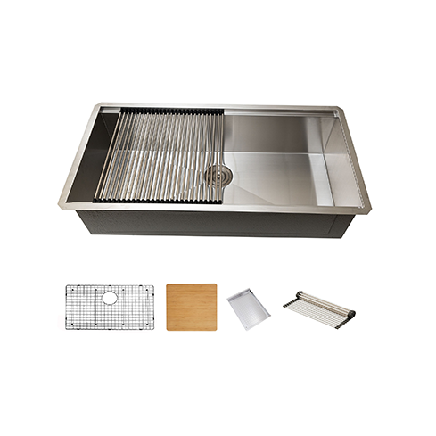 KBFMORE™ 38" Stainless Steel Single Bowl Undermount Workstation Kitchen Sink with Strainer, Bottom Grid, Rolling Grid, Colander, and Cutting Board