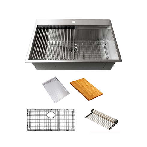 KBFMORE™ 33" Stainless Steel Single Bowl Top Mount Workstation Kitchen Sink with Strainer, Bottom Grid, Rolling Grid, Colander, and Cutting Board